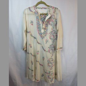 Vintage Rainbow Embroidery, Off-White, 3/4 Sleeves, Side-Slit, Tunic, M, Dress